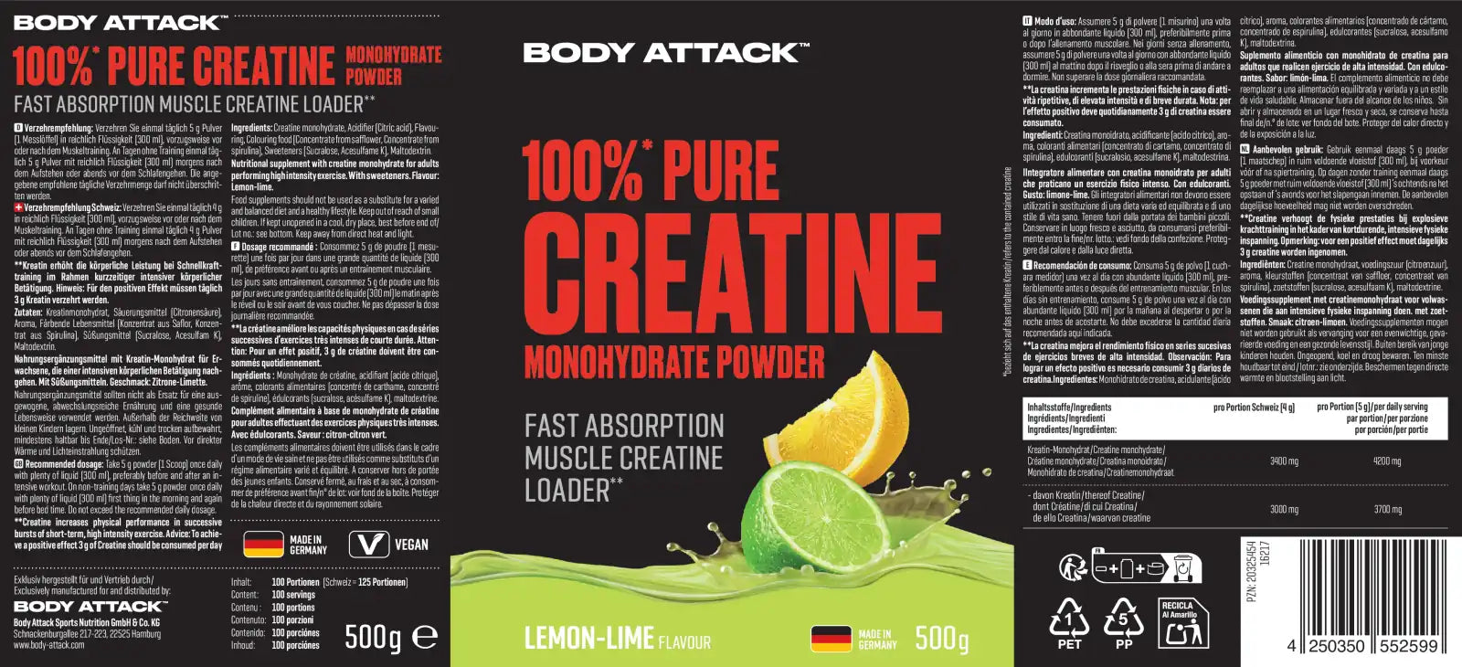 100% kreatīna monohidrāts ar garšu, 500 g